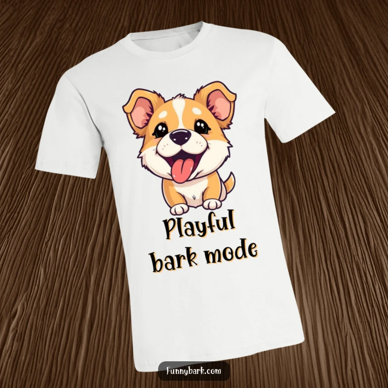 Funny t-shirt depicting a dog character with perked ears and tongue out, caught in a hilarious, playful bark moment.