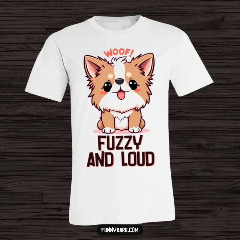 Funny Dog T-Shirt, depicting a dog with its fur comically standing on end, emitting a loud, cartoonish WOOF! in fright.
