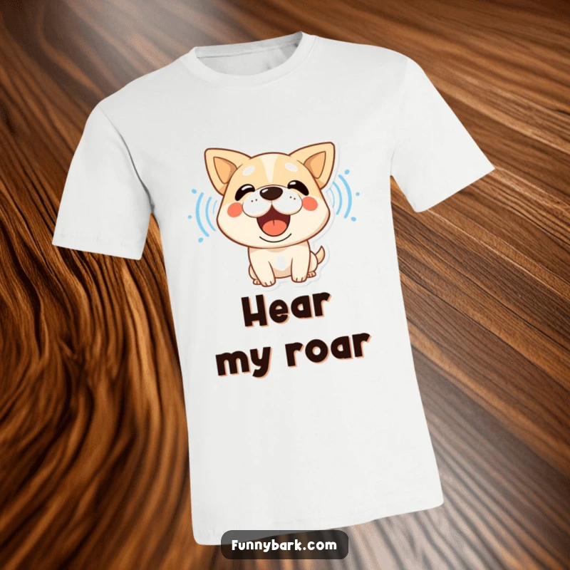 Funny dog t-shirt featuring a stylized character roaring, with prominent sound waves demonstrating its loud and happy bark.