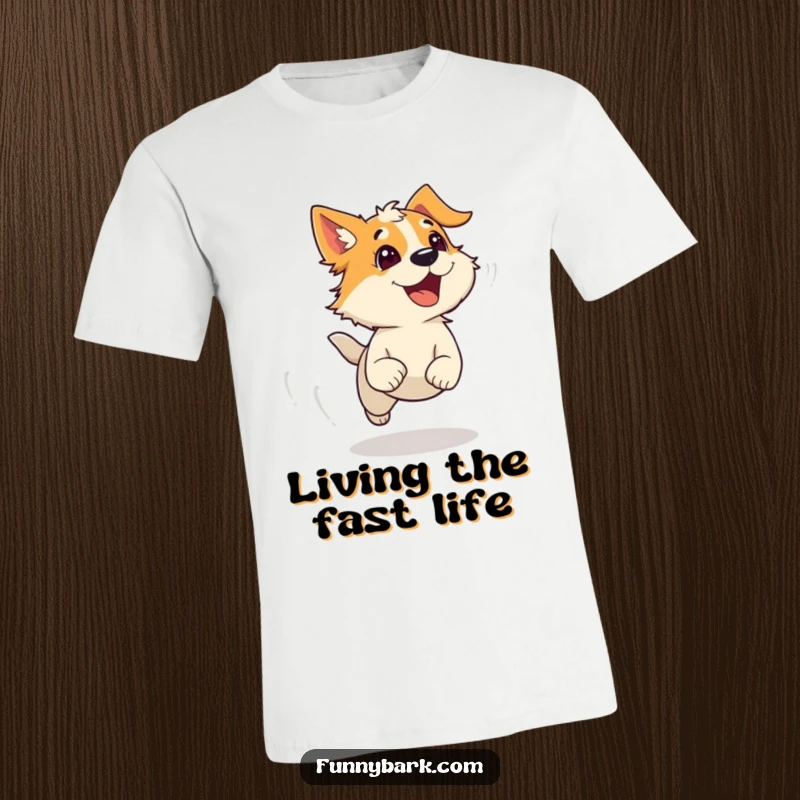 Funny t-shirt depicting a dog running with wind-swept fur, a bark escaping its mouth, capturing speed and joy.