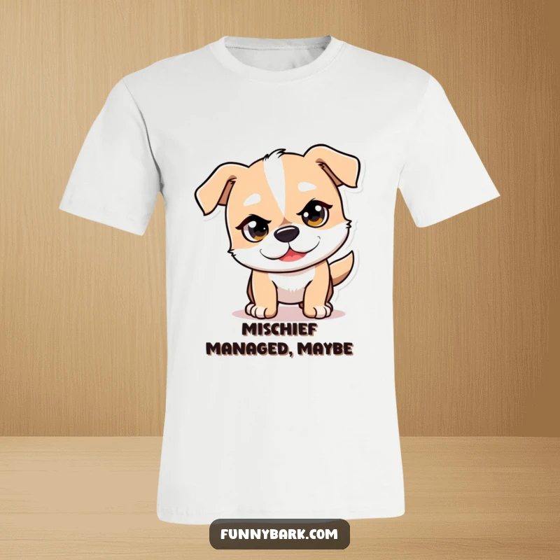 Funny Mischief Dog T-Shirt depicting a dog character with a mischievous glint in its eye, playfully pouncing forward.