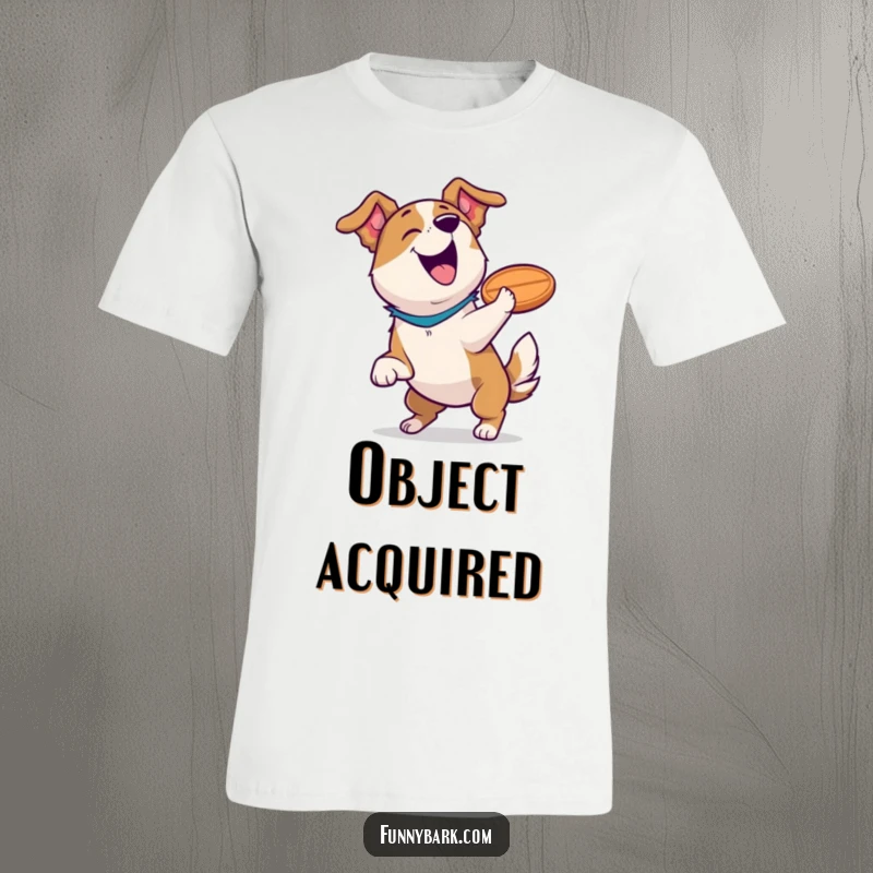 Funny dog t-shirt illustrating a dog barking victoriously after snagging a frisbee mid-air, showcasing playful triumph and funny effort.