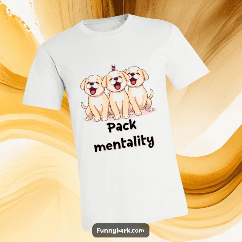 Funny T-Shirt showcasing a group of puppies barking together harmoniously, tails wagging energetically, representing pure puppy excitement.