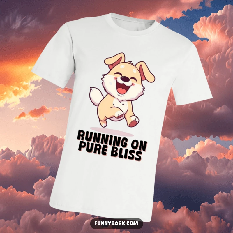 Funny Joyful Dog T-Shirt depicting a dog character with an overjoyed expression, running with immense boundless energy.
