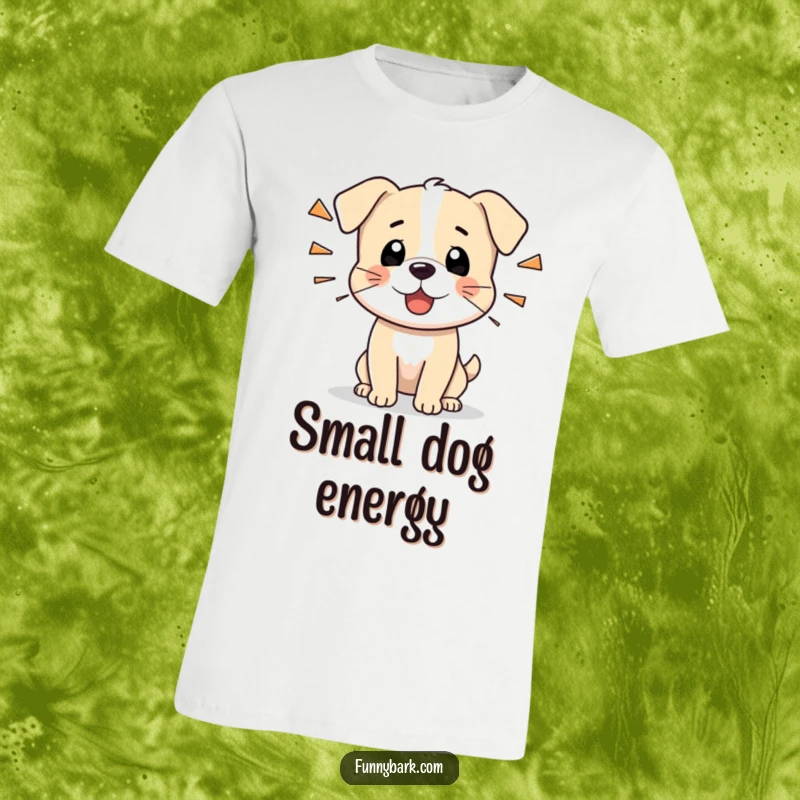 Funny t-shirt with a tiny dog character barking sharply, representing a small dog's alert and humorous nature, great for gifts.