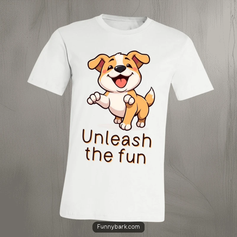 Funny t-shirt showing a dog character in a playful pounce, mouth open in a happy bark, celebrating energetic fun.