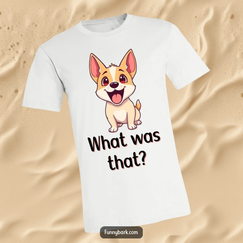 Funny Dog T-Shirt: A dog with exaggerated excitement, head tilted, ears perked, listening intently for fun.