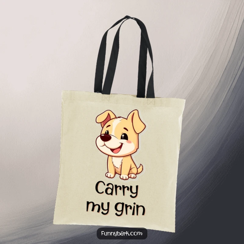 Funny tote bag featuring a dog character with a playful grin and tilted head, mid-bark, ready to hold your items with a dose of charm.
