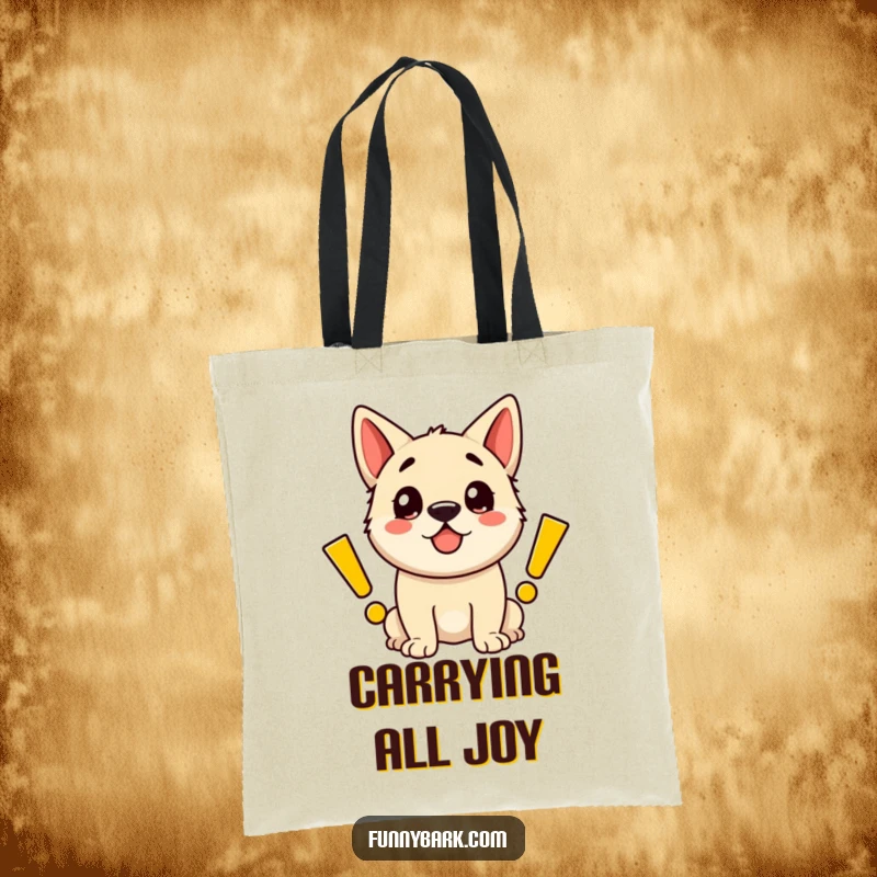 Funny tote bag decorated with a thrilled dog surrounded by bursting cartoon exclamation marks, symbolizing boundless energy.