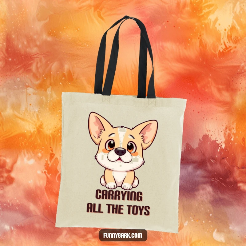 Funny dog tote bag featuring a surprised expression with ears perked high, perfect for carrying essentials with pet-loving style.