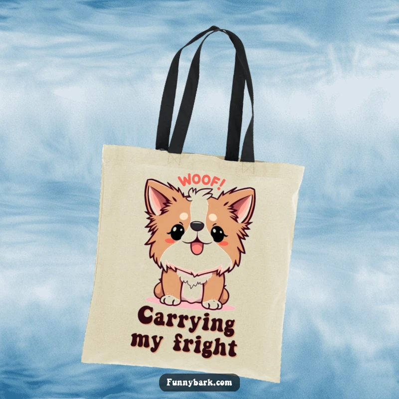 Funny Dog Tote Bag, showcasing a dog with its fur standing on end, exclaiming a cartoonish WOOF! in humorous surprise.