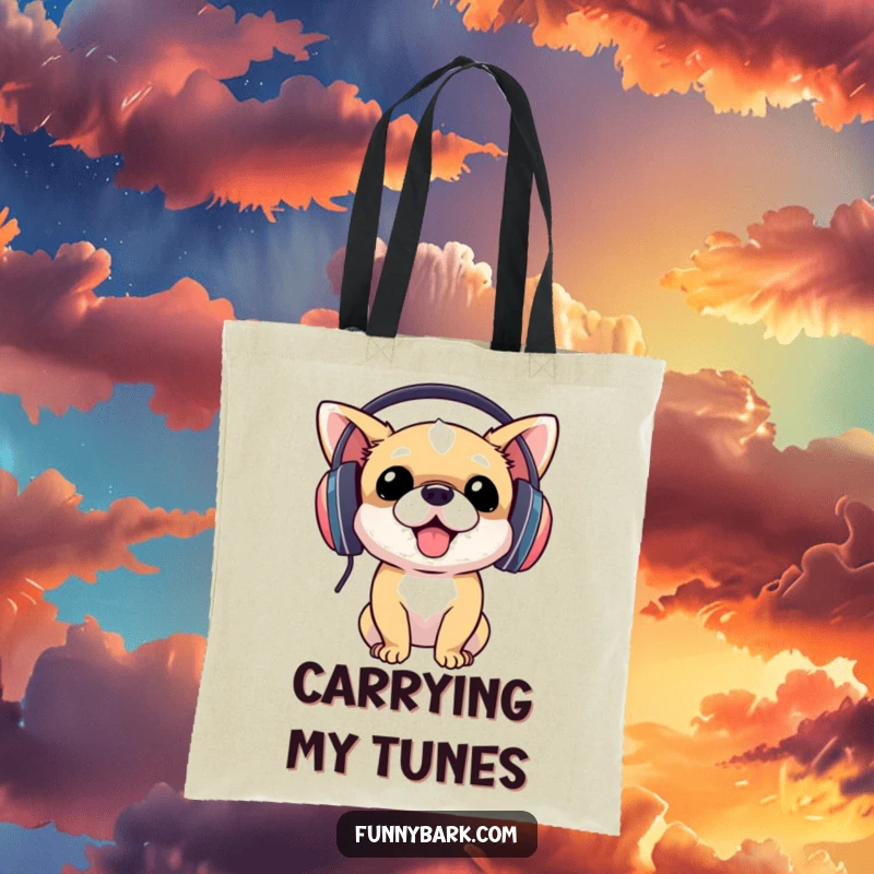 Funny dog with large headphones, bobbing head to music, on a durable tote bag, a perfect funny gift for dog lovers.