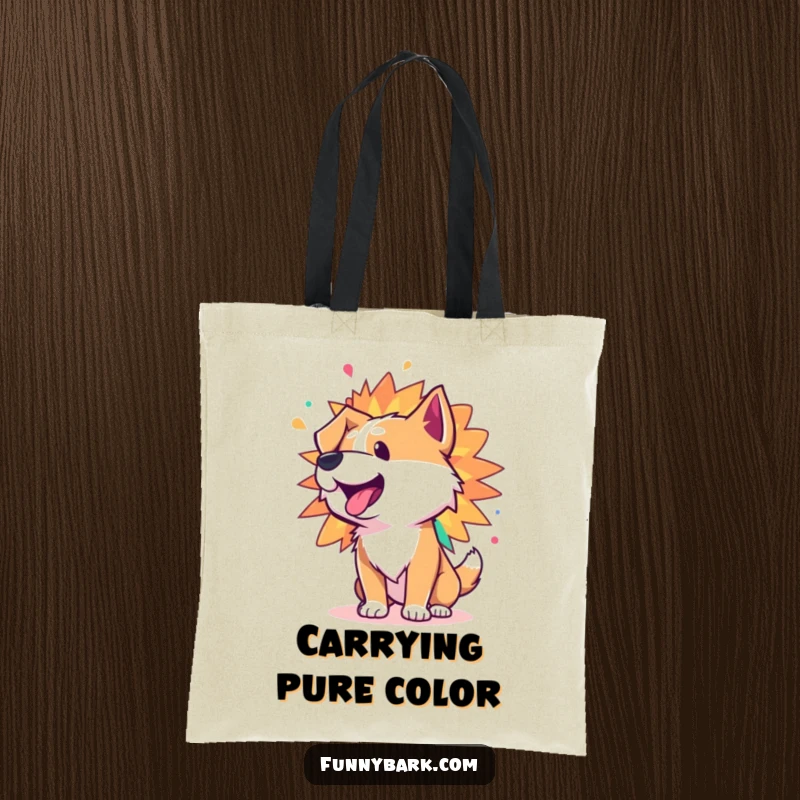 Funny tote bag with a dog character whose bark is a spectacular, colorful burst of vibrant, joyful energy.