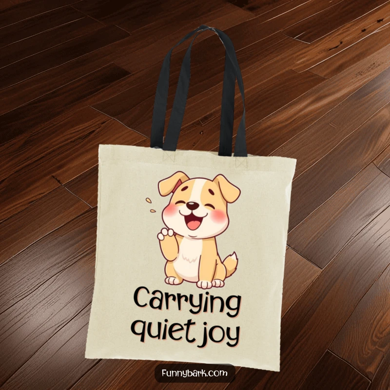 Funny tote bag showing a cartoon dog with a muffled bark into its paw, a cute and humorous accessory for carrying essentials.