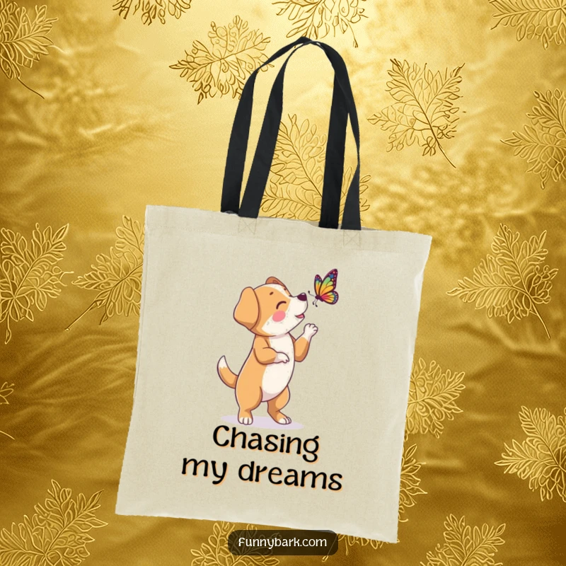 Funny tote bag showing a dog character standing on hind legs, barking animatedly at a small, graceful butterfly.
