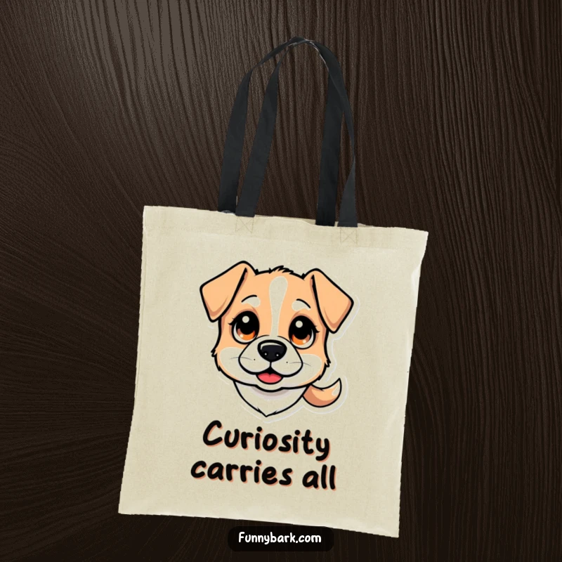 Funny tote bag: A stylized dog head with wide, curious eyes and a wagging tail, symbolizing curiosity and joy, a funny gift.
