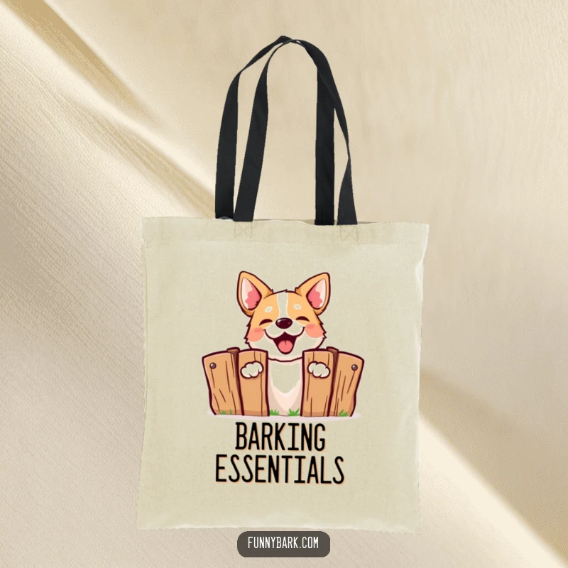 Funny Barking Dog Tote Bag: A dog peeks excitedly from behind a fence, barking with playful energy, perfect for shopping.