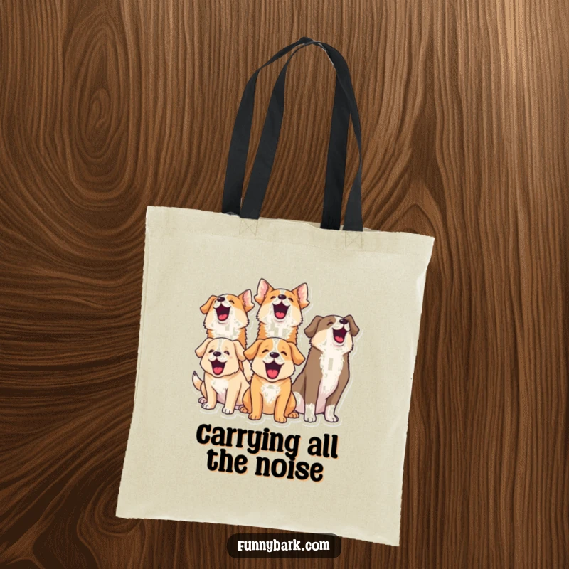 Funny tote bag showcasing a pack of dogs with heads up, hilariously barking together in a unified, joyful chorus.