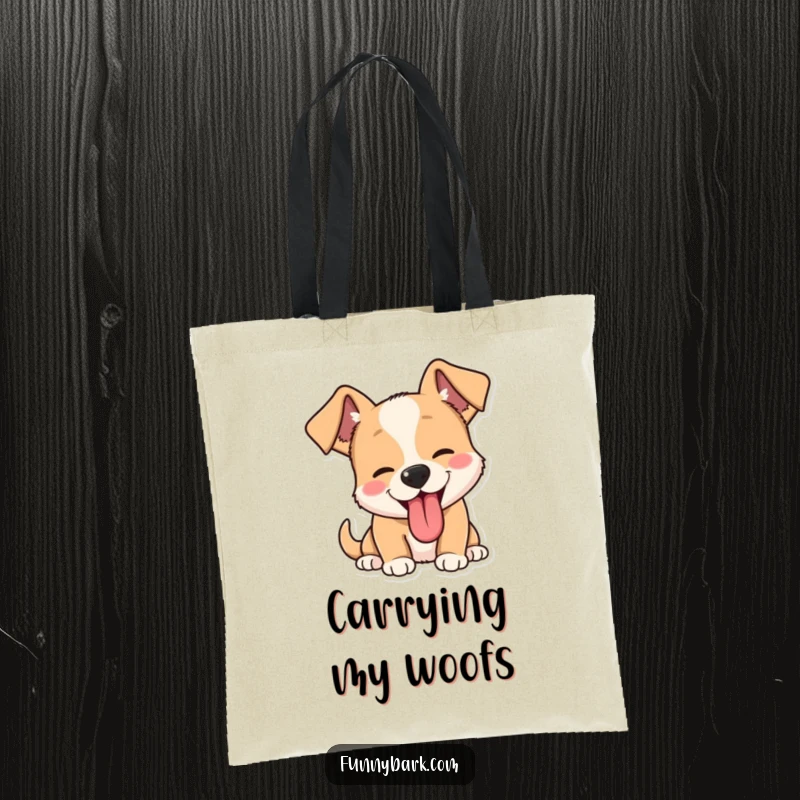 Funny dog barking tote bag, depicting a joyful dog mid-bark with ears up and tongue out, ready for adventure.