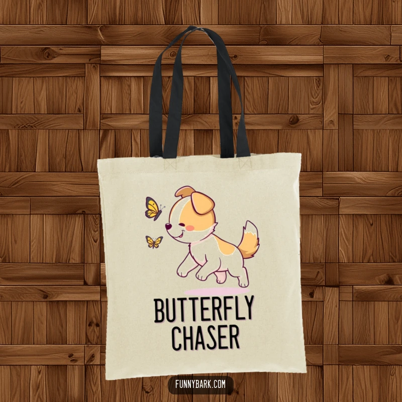 Funny Dog Tote Bag: A dog with its tail wagging furiously, chasing a fluttering butterfly mid-chase.