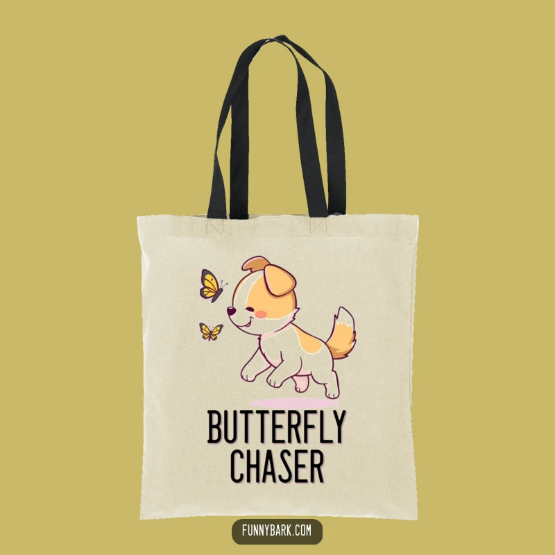 Funny Dog Butterfly Chase Tote Bag: Carry Your Joy, Ideal Gift for Nature Pups