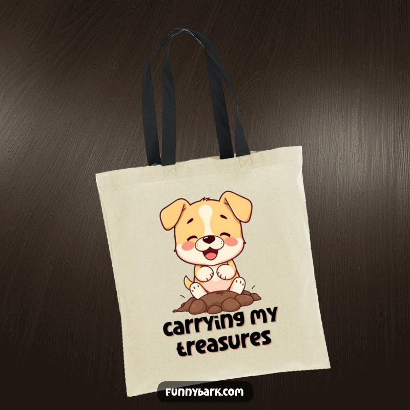Funny small dog character energetically digging a hole on a tote bag, perfect for carrying items with dog-themed humor.