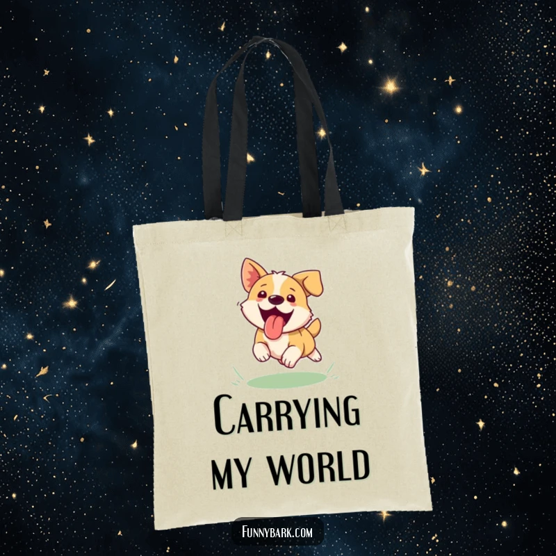 Funny dog tote bag, tongue lolling, mid-jump for a frisbee, pure excitement and outdoor play.