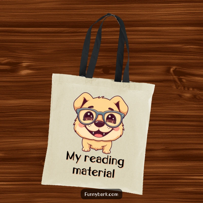 Funny dog tote bag, silly grinning face, wearing oversized floppy glasses, humorous accessory, practical and stylish.