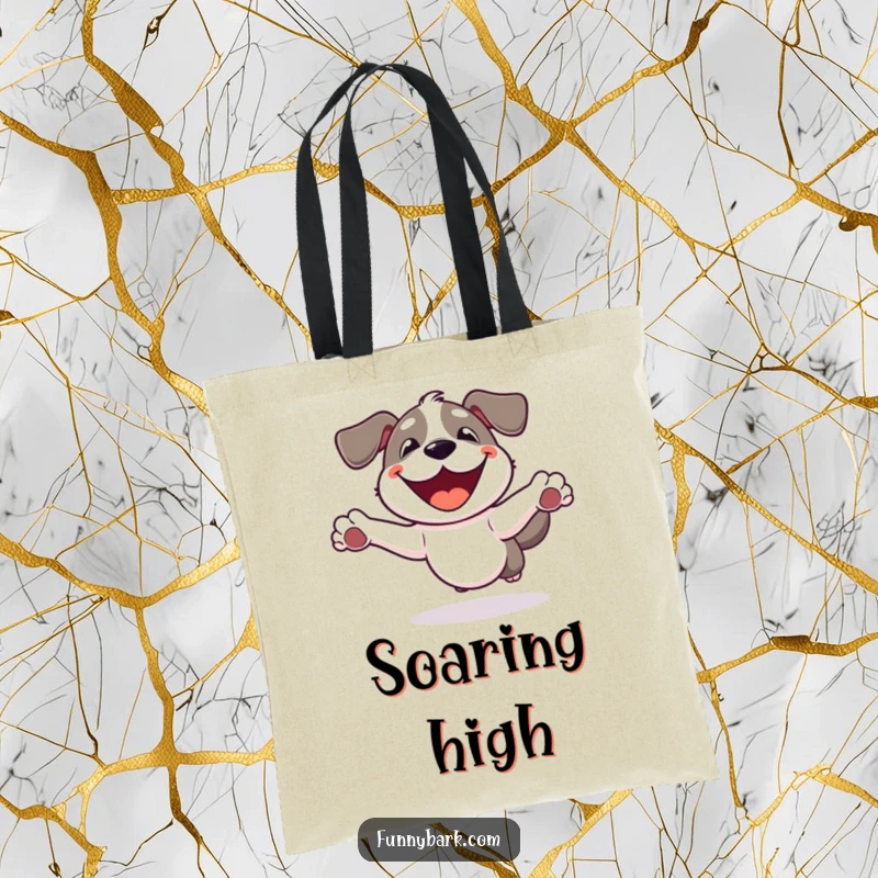 Funny Dog Tote Bag: A dog with a wide smile, enthusiastically leaping into the air, full of playful energy.
