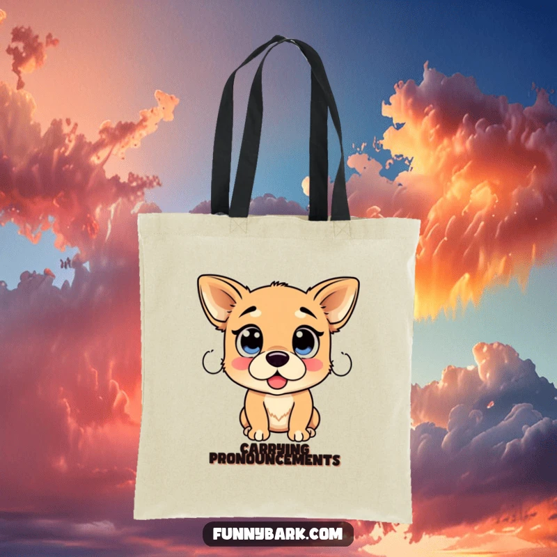 Funny Dog Proclamation Tote Bag: A dog with large, pleading eyes seeming about to declare something significant, ready for shopping.