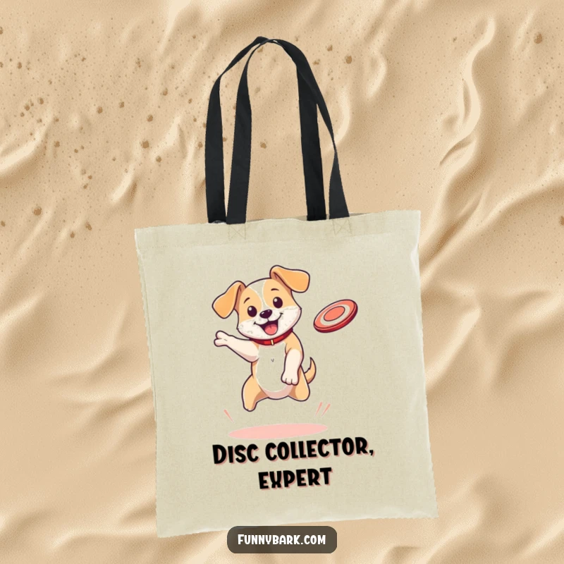 Funny Dog Tote Bag: A bouncing dog with floppy ears leaps to catch a flying disc, perfect for carrying sports gear or dog treats.