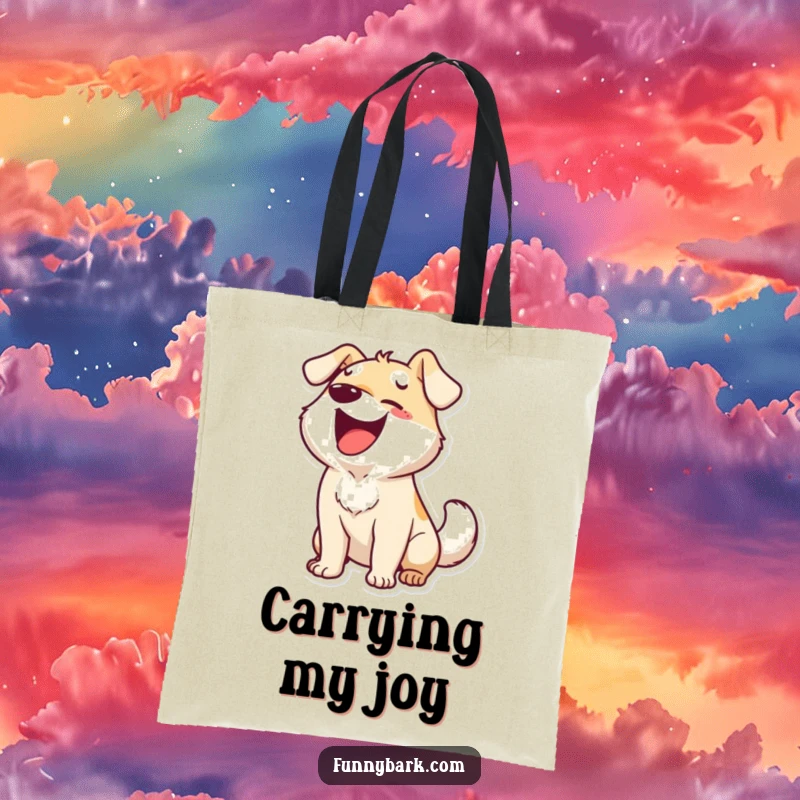 Funny tote bag with a dog character barking ecstatically and wagging its tail, representing pure joy and humor for everyday use.