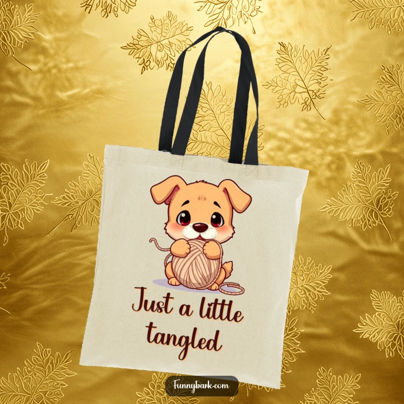 Funny dog tote bag, comically tangled in a ball of yarn, confused expression, practical and amusing.