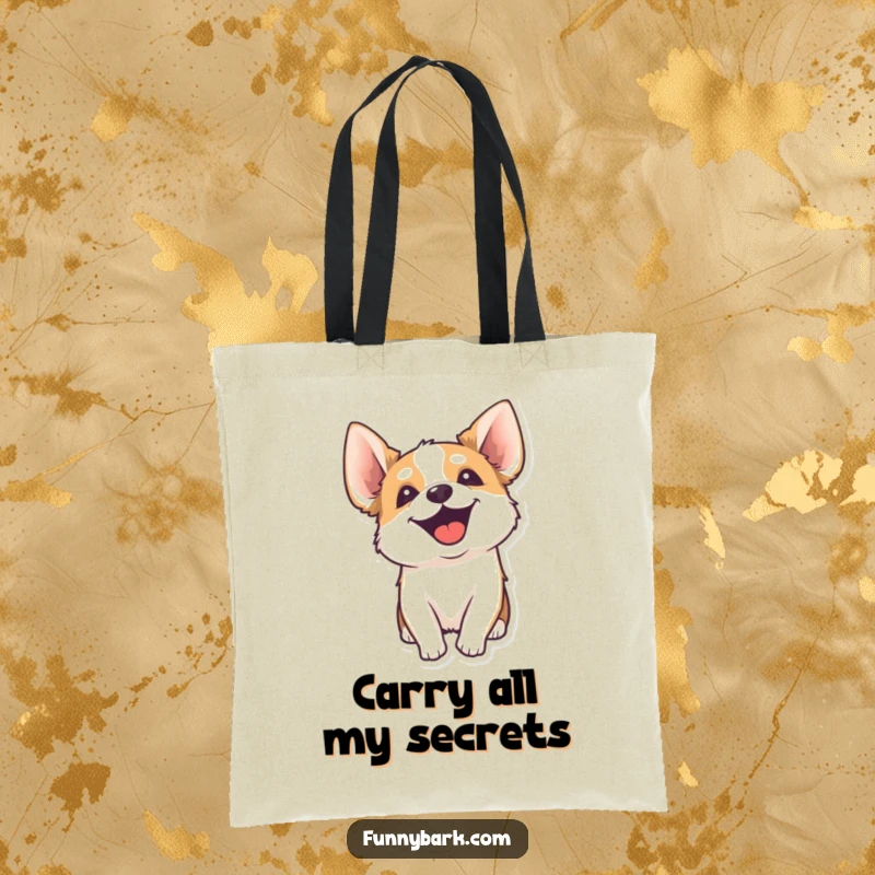 Funny tote bag depicting a dog with a curious head tilt, ears perked, and an energetic yip, perfect for dog lovers on the go.