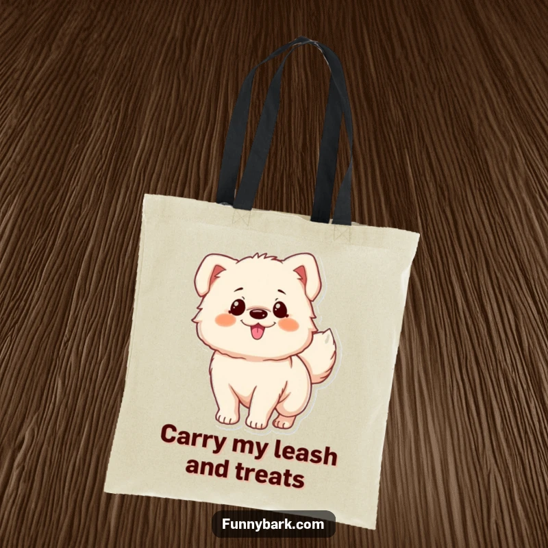 Funny tote bag: A fluffy dog character demonstrating extreme excitement with a wagging tail, a humorous and practical funny gift.
