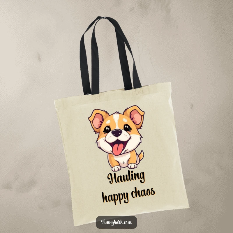 Funny tote bag with a dog character, ears perked and tongue out, hilariously mid-playful bark.