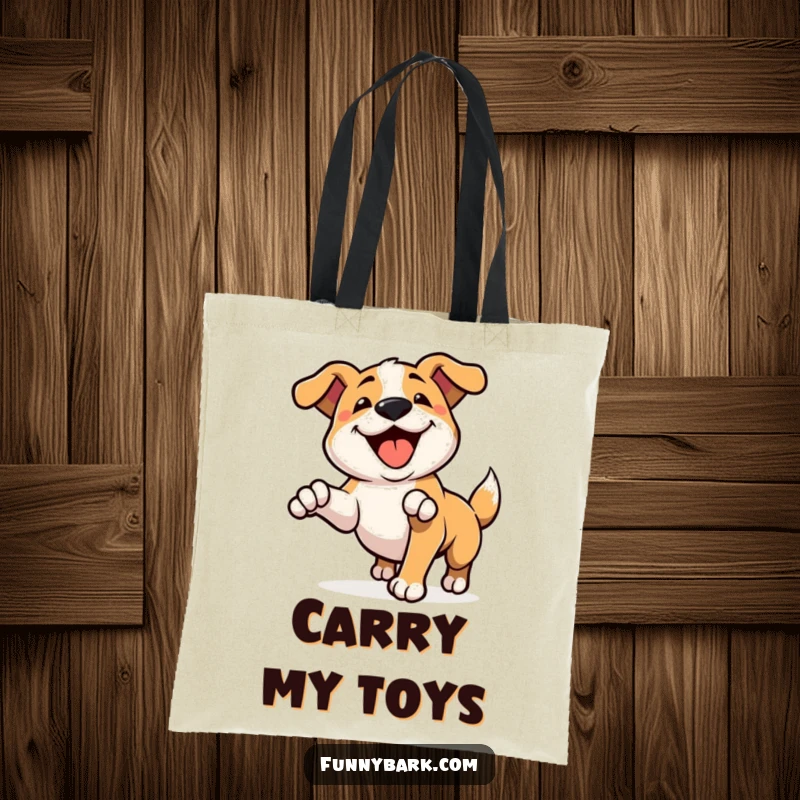 Funny tote bag featuring a dog character pouncing playfully and barking happily, perfect for humorous shoppers and pet lovers.