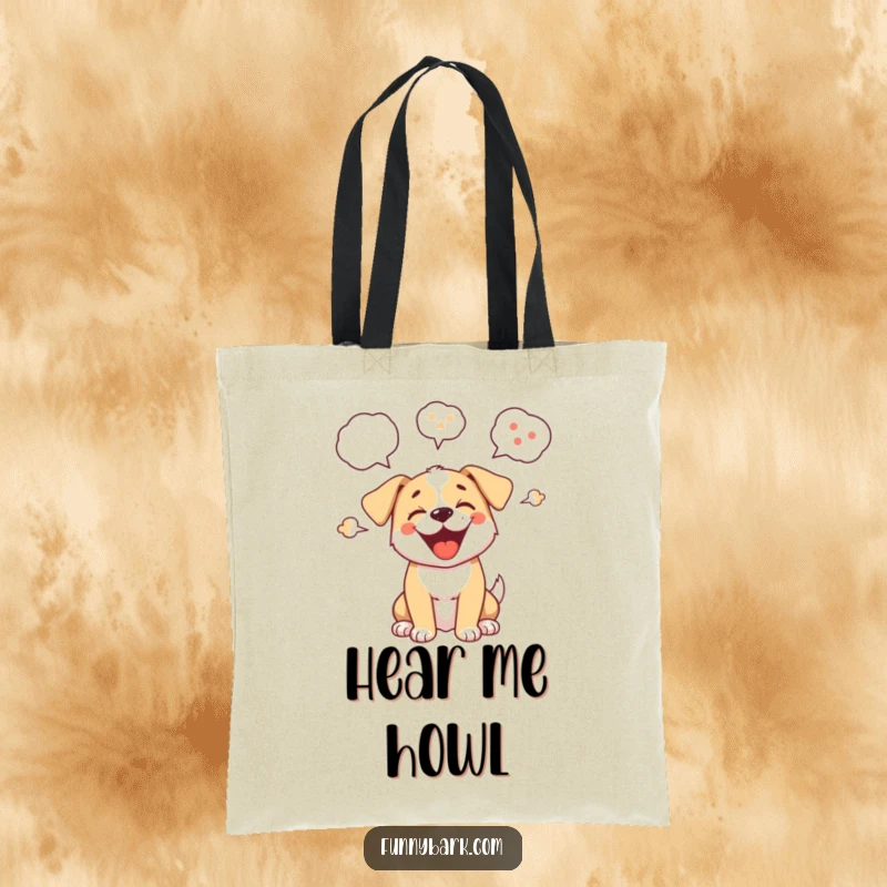 Funny tote bag showcasing a happy cartoon puppy barking, with animated speech bubbles conveying its enthusiastic sounds, a great accessory.