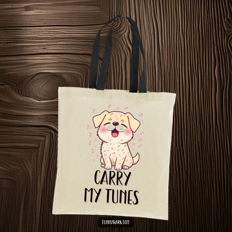 Funny tote bag featuring a happy dog singing with eyes closed, covered in musical notes, perfect for music fans.