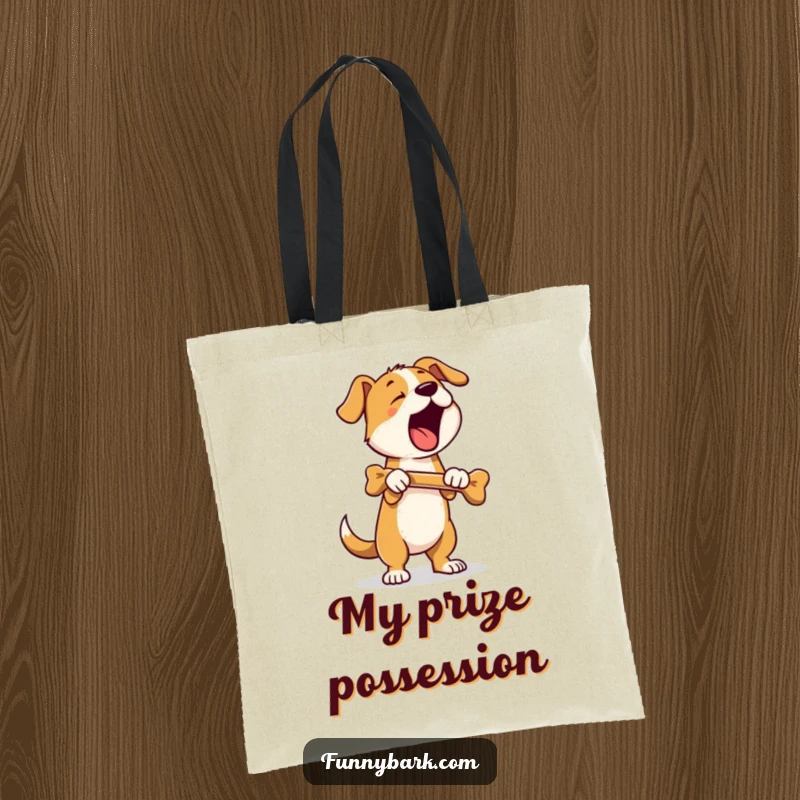 Funny tote bag featuring a dog standing on hind legs, holding a bone, and barking loudly, perfect for proud owners.