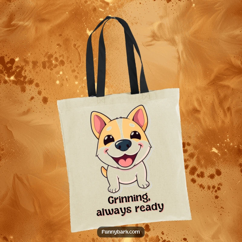 Funny Tote Bag featuring a dog with a wide, excited grin, ready to shout enthusiastic greetings.