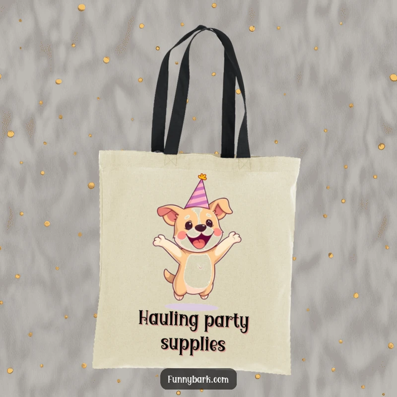 Funny party dog tote bag showing a dog wearing a tiny hat, jumping with excitement, ready for any celebration.