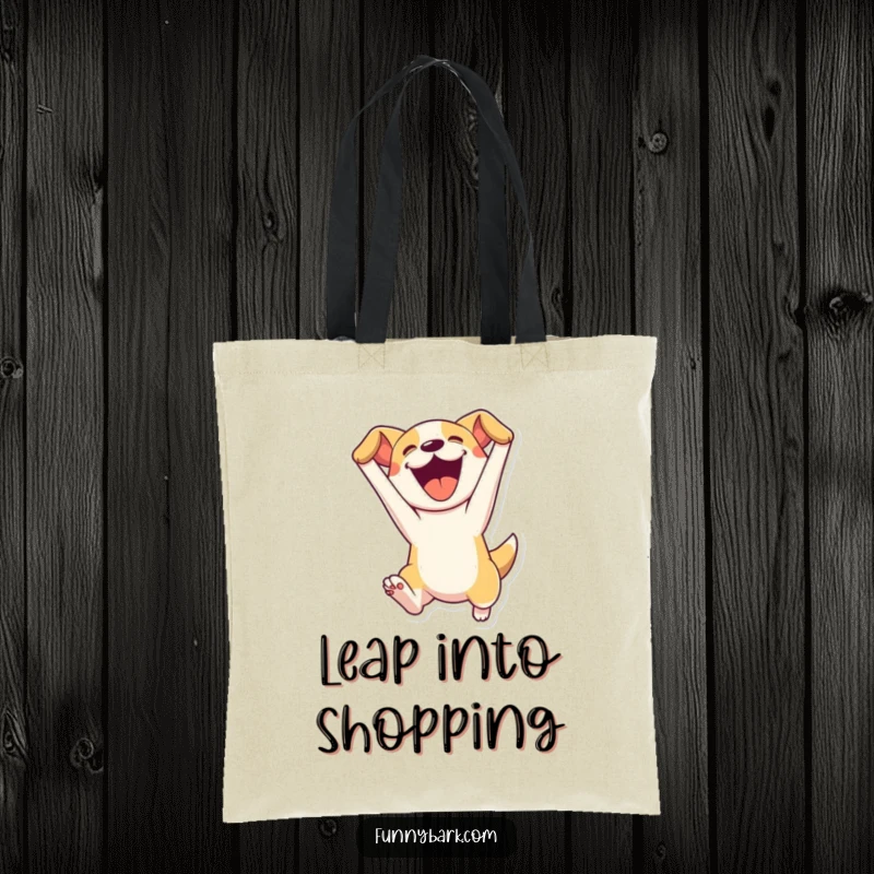 Funny tote bag featuring a dog character leaping energetically with mouth open, ready to hold your items with a dash of playful action.