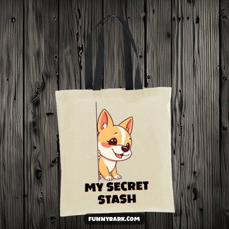 Funny tote bag featuring a dog peeking around a corner, one ear up, with a stealthy bark, perfect for playful shoppers.