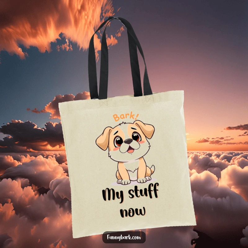 Funny tote bag featuring an expectant dog character with 'Bark Bark' speech bubble, ideal for humorous shoppers and dog admirers.