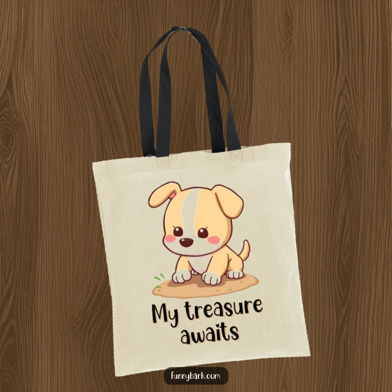 Funny dog tote bag illustrated with a happy dog digging a hole, its tail a blur of excitement, perfect for errands.