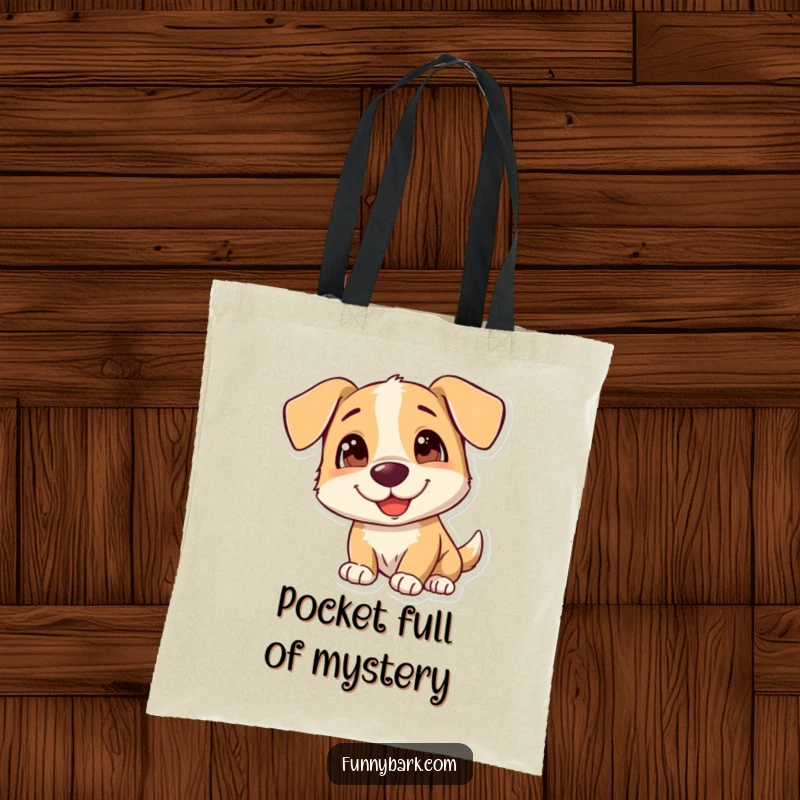Funny Dog Tote Bag with a curious, happy dog character tilting its head, ideal for shoppers and dog enthusiasts, a great gift.