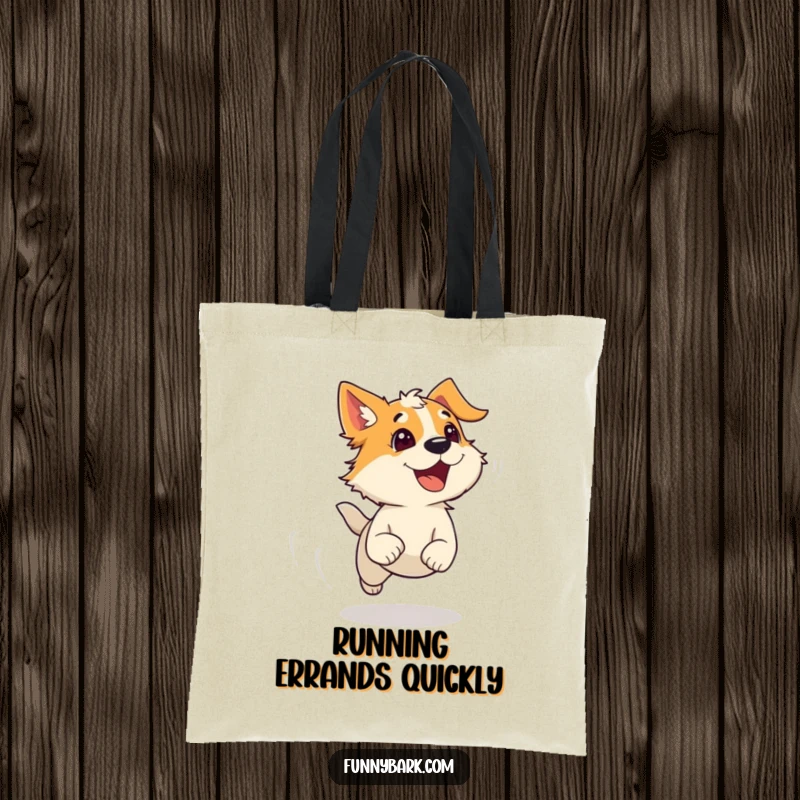 Funny tote bag featuring a dog running with wind-blown fur and an escaping bark, perfect for humorous commuters and pet owners.