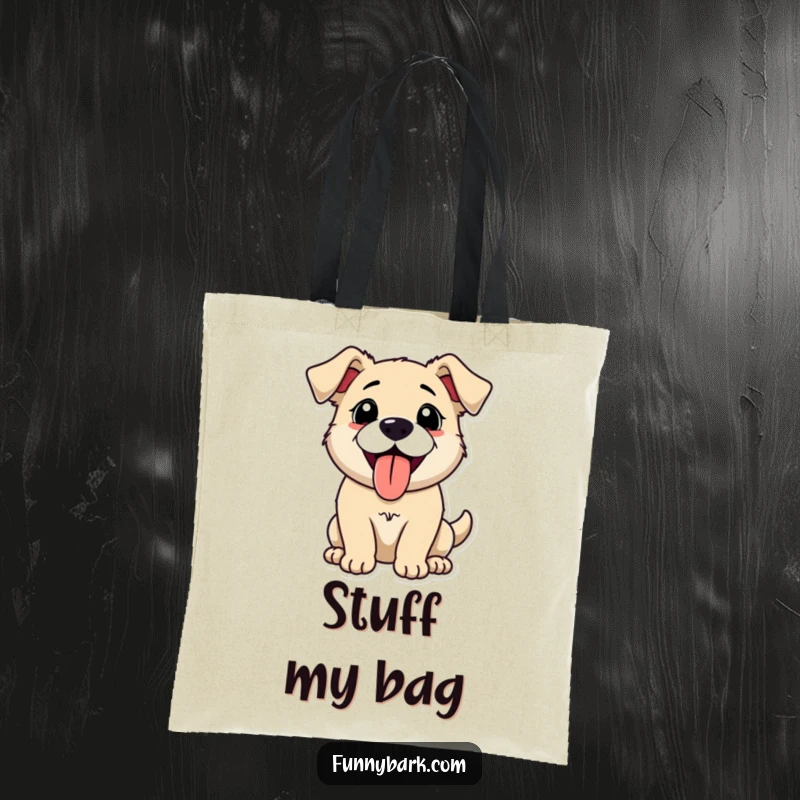 Funny tote bag featuring a happy dog panting with its tongue out, mid-bark, ready to carry your items with a side of goofy canine delight.