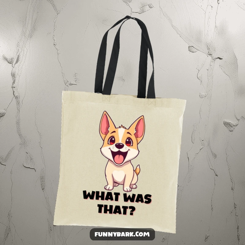 Funny Dog Tote Bag: A dog with exaggerated excitement, head tilted, ears perked, ready for adventure.
